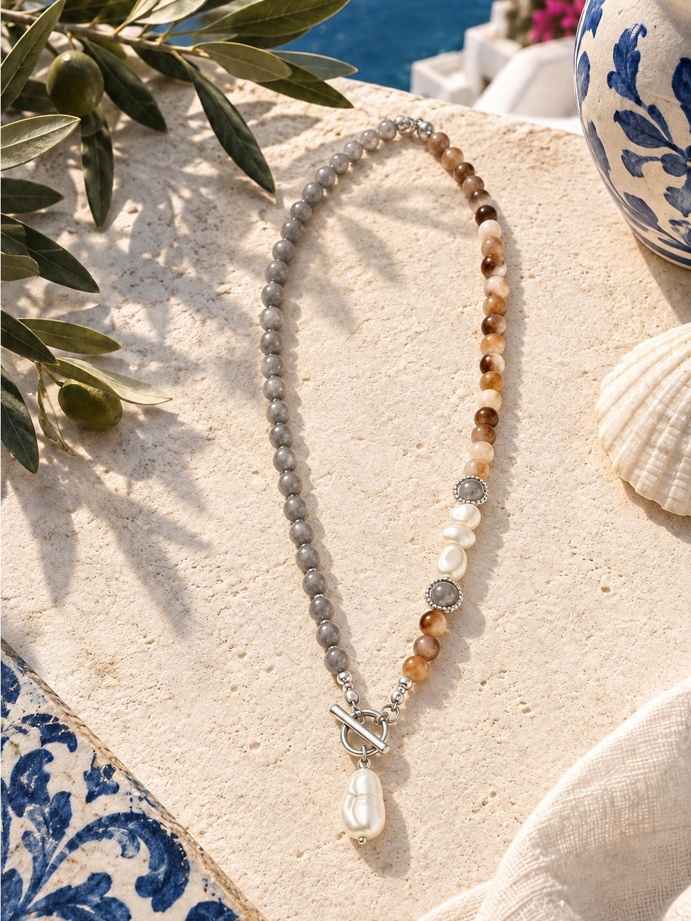Beaded Gray and Brown Agate Faux Pearl Pendant Necklace